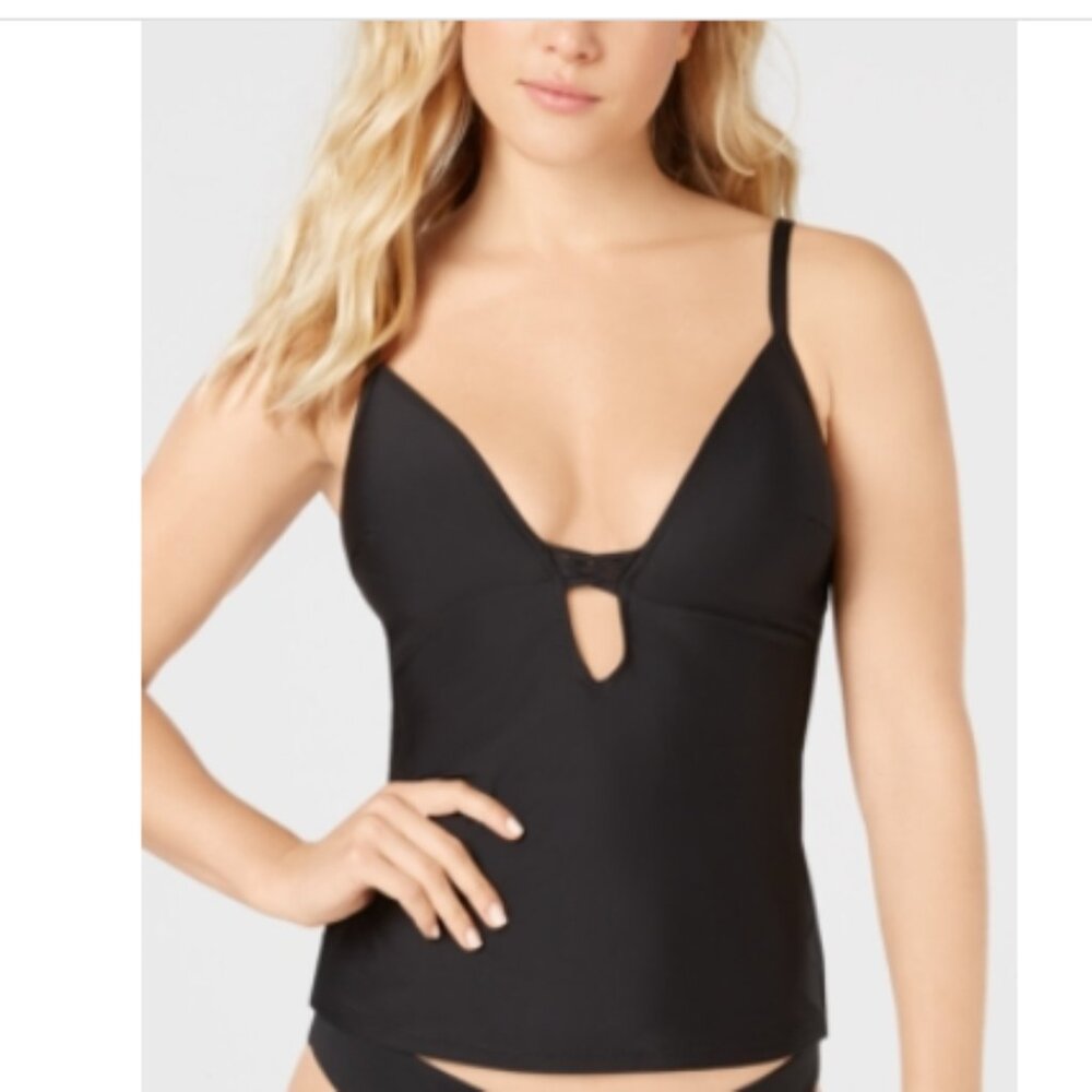 Bar III BLACK Solid Plunging Molded Cup Tankini Swim Top US Large